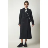  Women's Black Double Breasted Collar Slit Long Coat