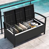 Vrt na klupa za 2 osobe, PE ratan, prostor za pohranu 160 l, jastuk za sjedenje, nosivost 360 kg, terasa, balkon, 129x61x77 cm, crna+bež | shoptok.hr