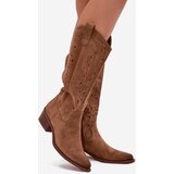 Boto Cowboy Boots With Perforated Pattern On Low Heel Khaki Selirae | shoptok.hr