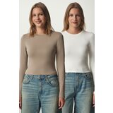 Happiness İstanbul Women's Mink Ecru Crew Neck Wrap 2-Pack Knitted Blouse Cene