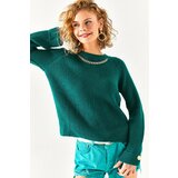 Olalook Women's Emerald Green Necklace Cuff Buttoned Raglan Sleeve Knitwear Sweater | shoptok.hr