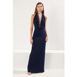 Trendyol Navy Blue Cowl Neck Shiny Stone Detailed Knitted Elegant Evening Dress cene