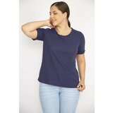 Şans Women's Navy Blue Plus Size Self Striped Short Sleeve Blouse cene