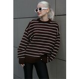 Madmext Women's Brown Striped Knitwear Sweater Cene