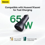Baseus avtopolnilec Golden Contactor Pro CGJP010013 adapter 1 x USB-A in 2x Type C PD 65W 3,0 QC - siv | Shoptok.si