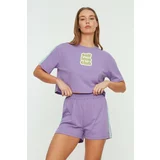 Trendyol Lilac Striped Slogan Printed Knitted Pajamas Set