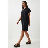 Happiness İstanbul women's Black Polo Neck Summer Loose Linen Ayrobin Dress Cene