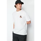 Trendyol Plus Size Ecru Men's Relaxed/Comfortable Cut Animal Embroidery 100% Cotton T-Shirt Cene