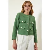  Green Stylish Buttoned Tweed Jacket