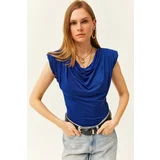 Olalook Women's Saxe Blue Waisted Detail Collar Flowy Blouse