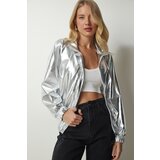 Happiness İstanbul Women's Metallic Gray Shiny Jacket with Pocket Cene
