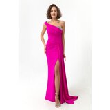 Lafaba Women's Fuchsia One-Shoulder Long Evening Dress with Stones. | Shoptok.si