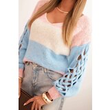 Kesi Włoski Women's striped sweater with braids on the sleeves made of wool light pink + blue | Shoptok.si