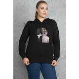 Şans Women's Plus Size Black Front Print And Stone Detail Hooded Sweatshirt Cene