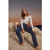 Marisse Wide Leg Jeans With Double Buttons, Navy Blue | Shoptok.si
