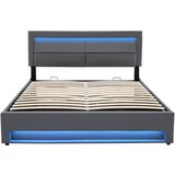 Möbrio 160x200cm Skrinja iz usnja z LED diodo - s priključki za polnjenje (žično in brezžično) - siva, (21833139) | Shoptok.si
