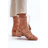 EVENTO Lace-up sandals with low heels embellished with studs Camel Chrisele | Shoptok.si