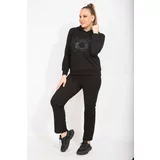 Şans Women's Plus Size Black Stone Detail Hooded Sweatshirt Trousers Double Suit