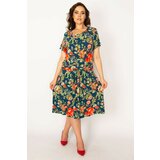 Şans Women's Plus Size Colorful Waist Draped Floral Patterned Dress Cene