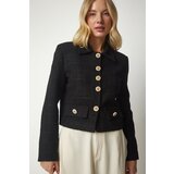 Happiness İstanbul Women's Black Stylish Button Detailed Tweed Crop Jacket Cene