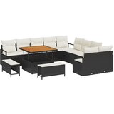 vidaXL 13-dijelni set vrtnih sofa s jastučićima - Crni poliratan akacija, 2-sjedna vrtna sofa s jastučićima - Crni poliratan, 3-dijelni set vrtnih blagovaonica s jastučićima - Crni poliratan akacija | shoptok.hr