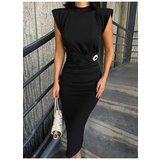 Dewberry 69862 Brooched Padded Crepe Women Dress-BLACK | shoptok.hr