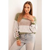 Kesi Włoski Women's striped sweater with cable knit sleeves made of khaki + gray wool Cene