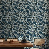  Tapeta - Birds and roses - monochrome blue pattern with botanical motif 50x1000 | shoptok.hr