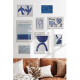 Wallxpert set od 8 manjih uramljenih slika Çgs-078, plavi apstraktni motivi – ptice, ženski profil linijom i more, beli ram | Eponuda.com