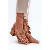 EVENTO Lace-up sandals with low heels embellished with studs Camel Chrisele | Shoptok.si