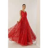 By Saygı Lined with Beads, Glitter Flocked Print Long Dress Cene