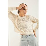 Lafaba Women's Beige Crew Neck Openwork/Perforated Knitwear Sweater Cene