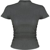 Trendyol Anthracite High Collar Short Sleeve Gather Detailed Flexible Knitted Blouse Cene