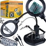 Rosfix TE-802 Tretja Roka za Spajkanje z Lupo – Spajkalnik in Spajka, Ø85/Ø21mm 2.5x+4x, 16 LED, USB/4xAA | Osnova 185x170mm, (5000356506) Cene