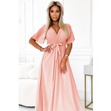 numoco basic 545-4 Long dress with pleated neckline and tie - peach color | shoptok.hr