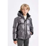 Defacto Boy's Water Repellent Ribbed Sleeve Hooded Fleece Lined Puffer Jacket C5524a824wn