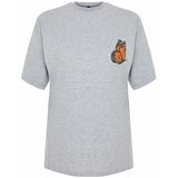 Trendyol Gray Melange Front and Back Printed Oversize/Wide Fit Crew Neck Knitted T-Shirt Cene