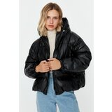 Trendyol Black Wide Cut Oversize Hooded Faux Leather Down Jacket Cene
