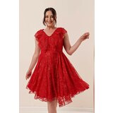 By Saygı Handkerchief Collar Lace And Lined, etc. Dress Red Cene
