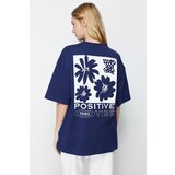 Trendyol Navy Blue 100% Cotton Back Printed Oversize/Wide Fit Crew Neck Knitted T-Shirt cene