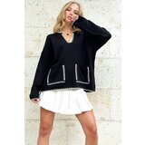 Trend Alaçatı Stili Women's Black V Neck Embroidery Detailed Double Pocket Knitwear Sweater | Shoptok.si