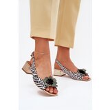 Laura Messi Leather Women's Sandals On A Block Heel With Decorative Flower 2973 White-Black Cene