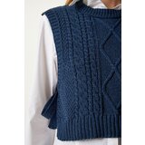  Women's Navy Blue Motif Tied Crop Knitwear Sweater | Eponuda.ba