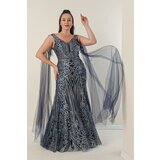 By Saygı Tulle Over the Shoulder Plus Size Lined, Silvery Long Dress With Shawl Cene