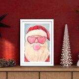 Wallxpert novogodišnja uramljena MDF slika 3752CHRCT-017, Deda Mraz sa naočarima u obliku srca i balonom od žvake na svetloplavoj pozadini, 37 x 52 cm Cene