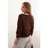 Kesi Włoski Women's openwork sweater with a V-neck and gold buttons brown | Shoptok.si