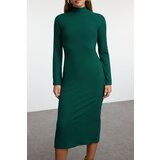 Trendyol Emerald Green Straight Slit Midi Fitted/Fits Body Ribbed Stretch Knit Dress | Shoptok.si