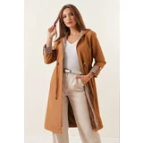 By Saygı Lined Hooded Trench Coat with Striped Folded Sleeves and Gathered Waist