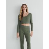Reserved top z dolgimi rokavi z učinkom acid wash - kaki | Shoptok.si