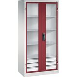C+P Omara s krilnimi vrati z akrilnim steklom, VxŠxG 1950 x 930 x 500 mm, 4 police, 3 predali, svetlo sive / rubinasto rdeče barve | Shoptok.si